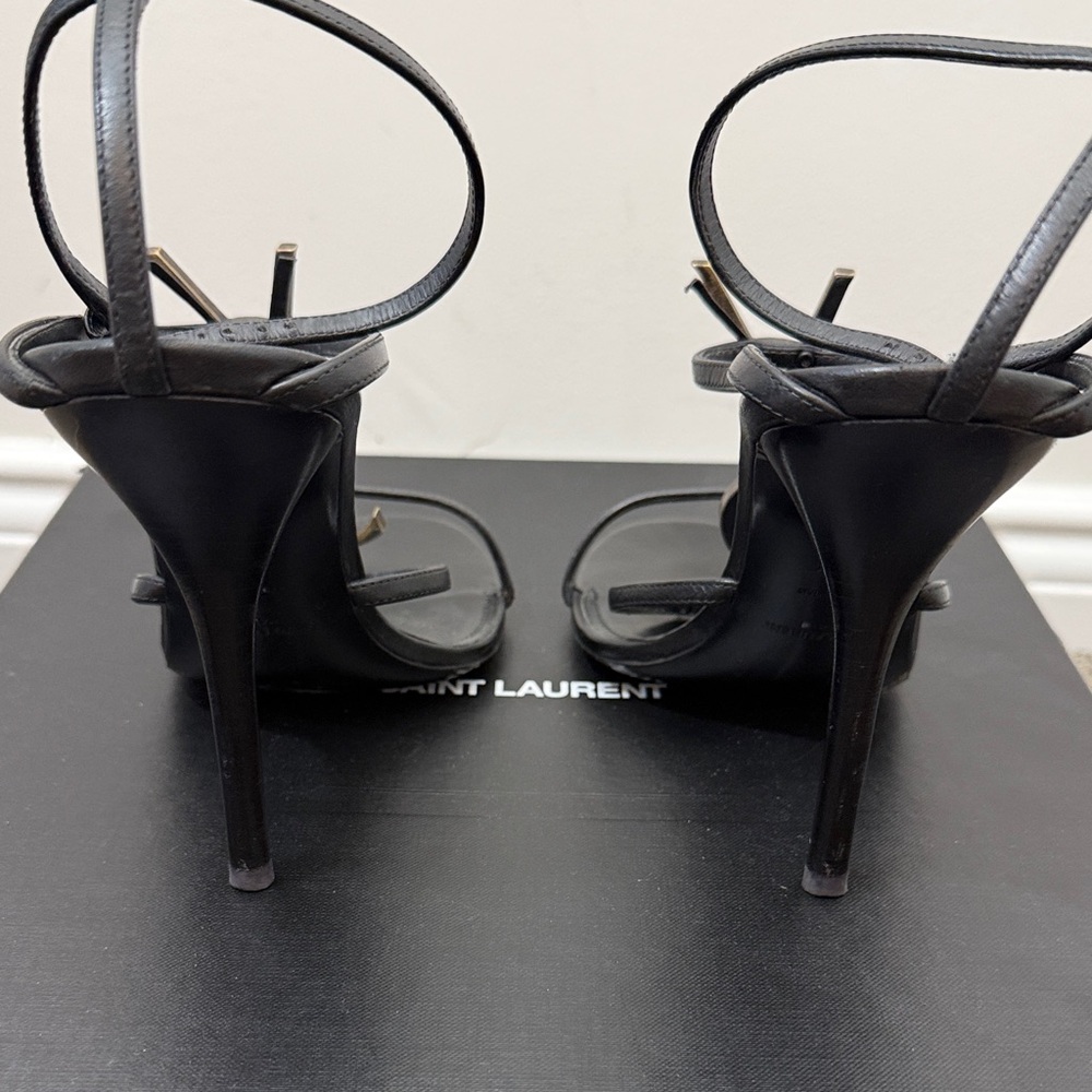 Saint Laurent CASSANDRA Black Strappy Heeled Sandals with Gold YSL size 38.5 - Picture 9 of 11